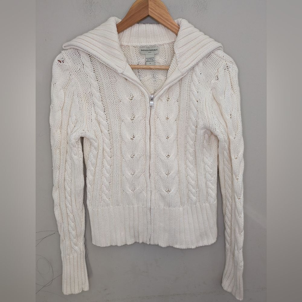 Banana Republic Cream Cable Knit Full-Zip Cardigan Chunky Sweater Size M
